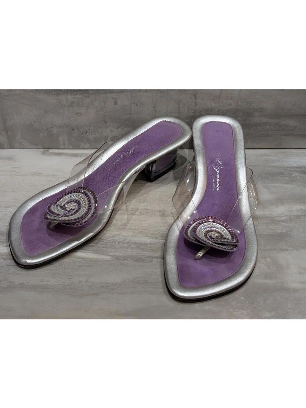 Women's Purple and Silver Low Heel Sandals with Rhinestone Embellishment